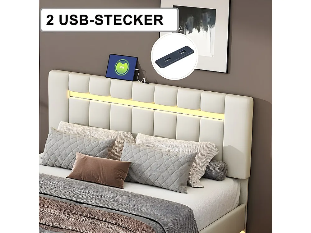 Linnen gewatteerd tweepersoonsbed - 160x200cm - zwevend bed met LED-verlichting en USB-oplaadpoorten - Ecru