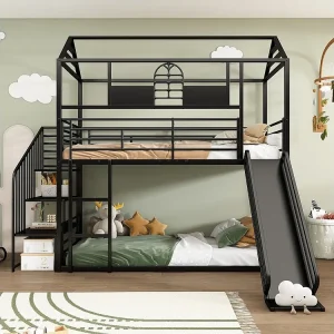 Metalen stapelbedden 2 x 90 x 200 cm met glijbaan, dak en raam - inclusief lattenbodem - zwart (zonder matras)