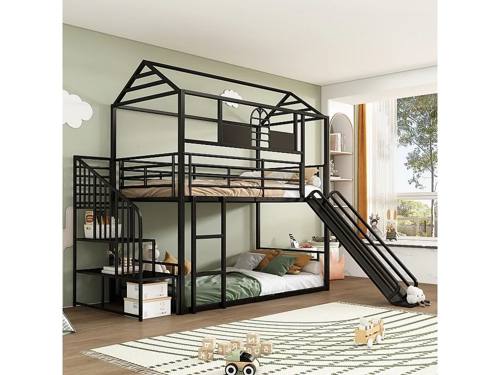 Metalen stapelbedden 2 x 90 x 200 cm met glijbaan, dak en raam - inclusief lattenbodem - zwart (zonder matras)