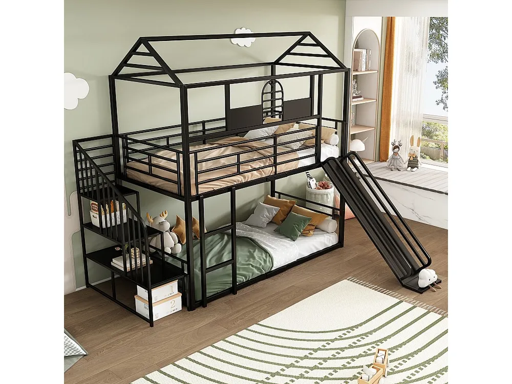 Metalen stapelbedden 2 x 90 x 200 cm met glijbaan, dak en raam - inclusief lattenbodem - zwart (zonder matras)