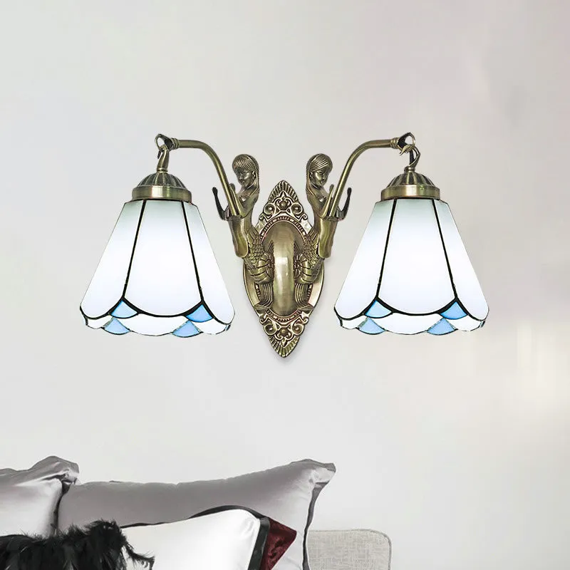 Mission Conic wandlamp, 2 lampen, wit/beige glazen schanslamp met dubbele zeemeerminarm