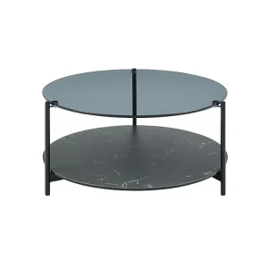 Salontafel met dubbel glazen blad van gehard glas, keramiek en metaal - Zwart marmer effect - SENRINA