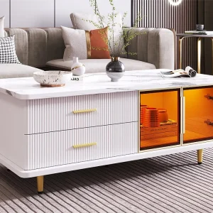 Scandinavische salontafel met 2 laden en 2 deuren van gehard glas - geïntegreerde LED-verlichting - marmerpatroon fineer -...