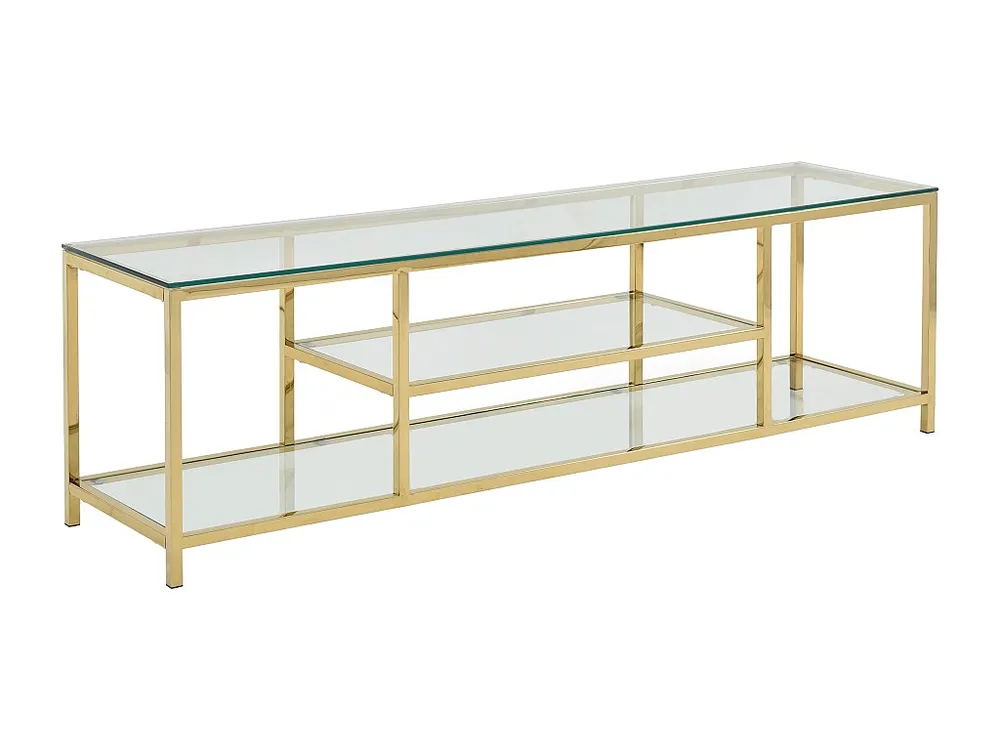 Tv-meubel met 2 planken van gehard glas en roestvrij staal - Transparant en goudkleurig - RIMALI van Pascal Morabito