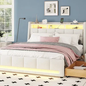 Tweepersoonsbed 160x200cm linnen stof - met 2 laden + LED + USB-aansluiting - Lichtbruin