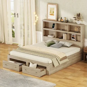 Tweepersoonsbed 160x200cm met 2 laden en boekenkast, spaanplaathout, lattenbodem, natuurlijke kleur