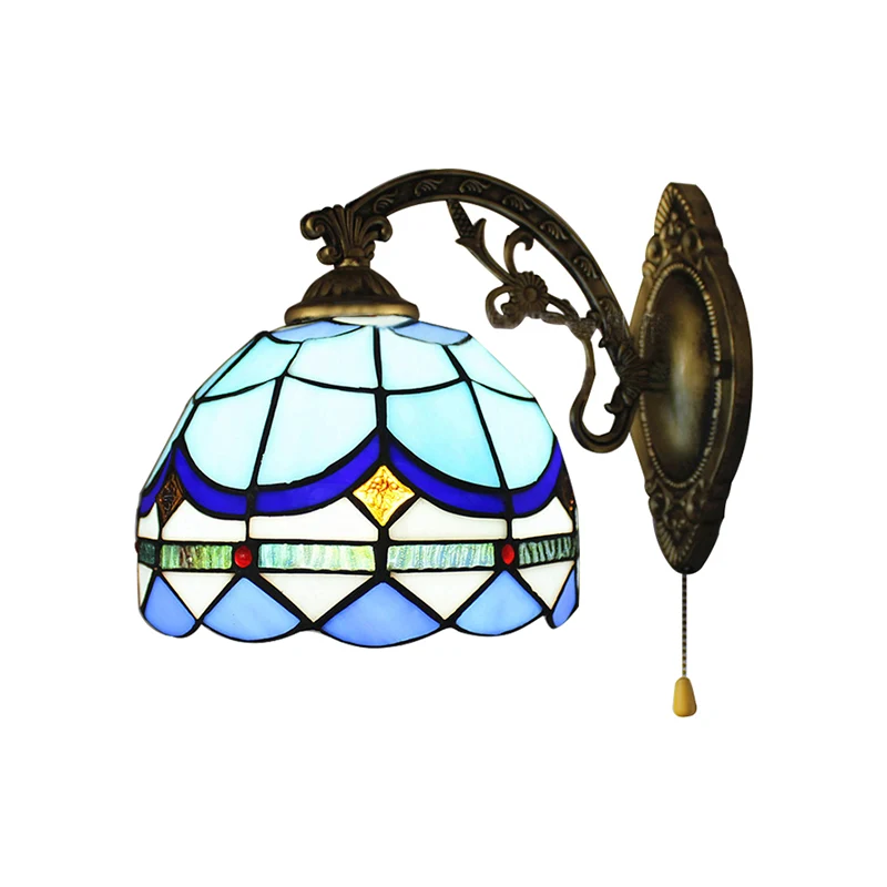 Wandlamp met 1 lichtkoepel en trekketting. Barok-stijl glas--lood wandkandelaar hemelsblauw/marineblauw