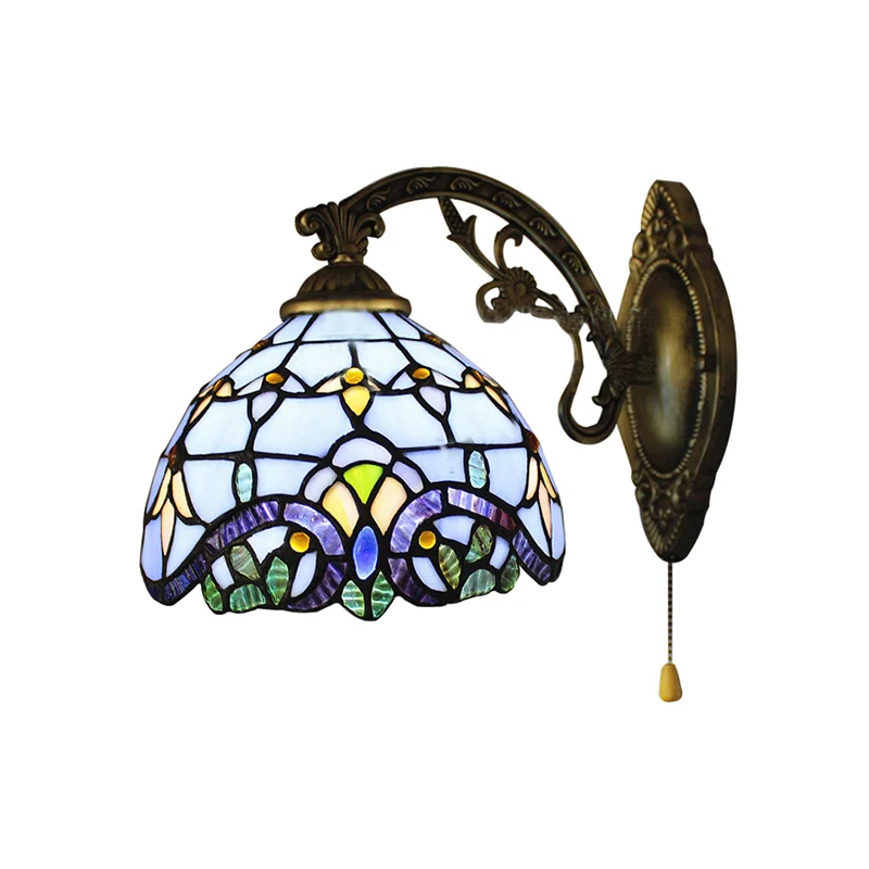 Wandlamp met 1 lichtkoepel en trekketting. Barok-stijl glas--lood wandkandelaar hemelsblauw/marineblauw