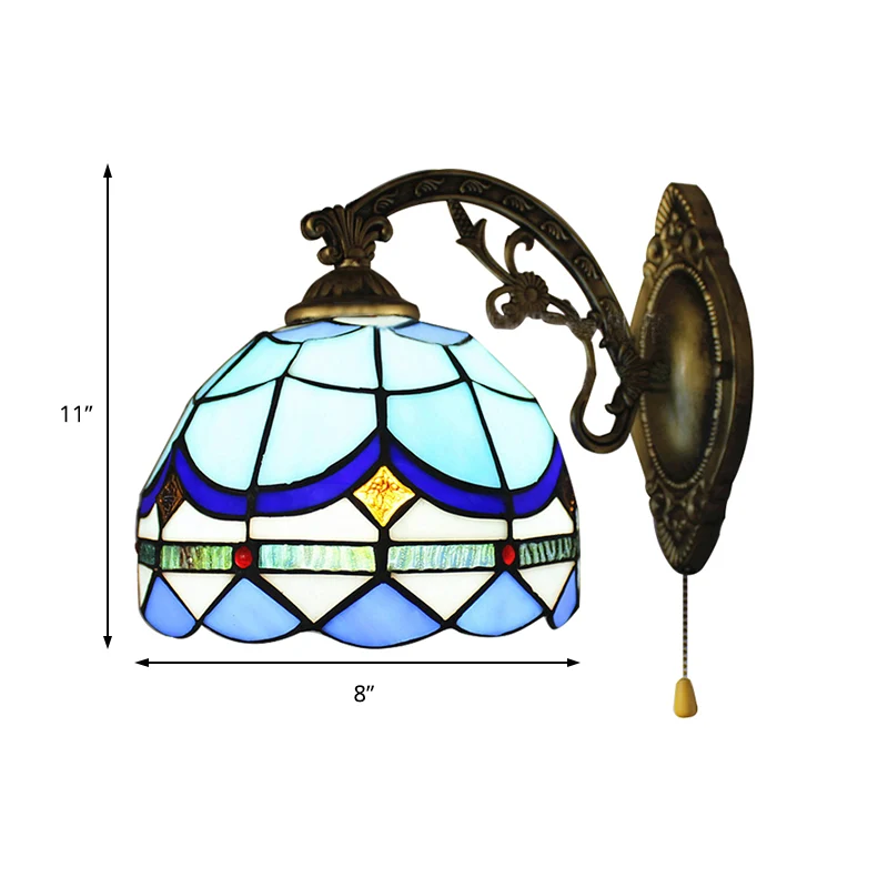 Wandlamp met 1 lichtkoepel en trekketting. Barok-stijl glas--lood wandkandelaar hemelsblauw/marineblauw