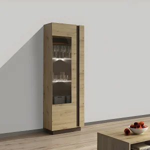 Vitrinekast MURARI - 1 deur - met ledverlichting - Taupe en eiken - Koop nu laaggeprijsd