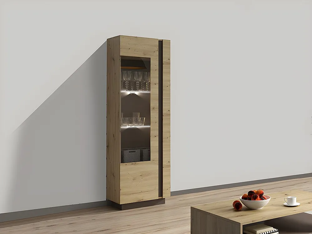 Vitrinekast MURARI - 1 deur - met ledverlichting - Taupe en eiken - Koop nu laaggeprijsd