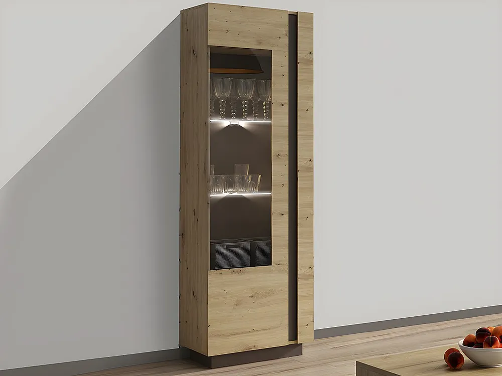 Vitrinekast MURARI - 1 deur - met ledverlichting - Taupe en eiken - Koop nu laaggeprijsd
