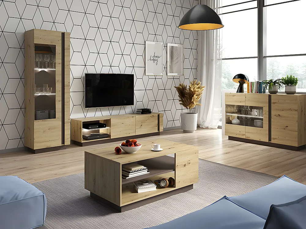 Vitrinekast MURARI - 1 deur - met ledverlichting - Taupe en eiken - Koop nu laaggeprijsd