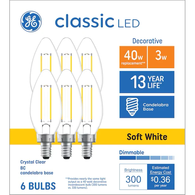 GE Classic 40-Watt EQ B10 Soft White Candelabra Base (e-12) Dimmable LED Light Bulb zespak