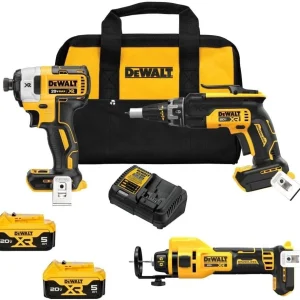 DEWALT 20V MAX XR Drywall Cutting Tool Combo Kit, Cut Out Tool, Drywall Screwgun, Impact Driver, Batteries, Charger, and C...