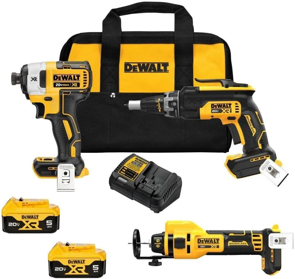 DEWALT 20V MAX XR Drywall Cutting Tool Combo Kit, Cut Out Tool, Drywall Screwgun, Impact Driver, Batteries, Charger, and C...