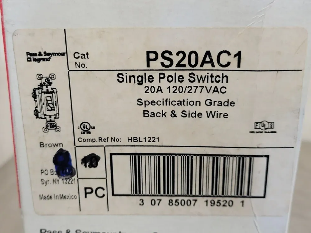 Single Pole Switch PS20AC1, 20A, 120/277VAC (Box 16)