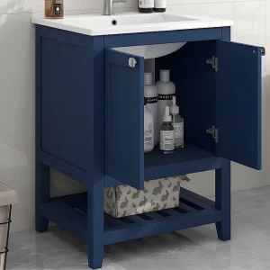 Badkamermeubel met keramische wastafel - 2 deuren en plank onderaan - Blauw (kraan niet inbegrepen)