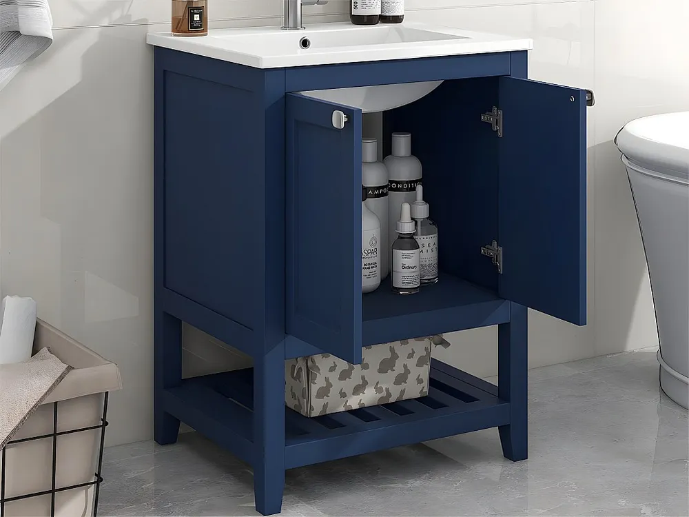 Badkamermeubel met keramische wastafel - 2 deuren en plank onderaan - Blauw (kraan niet inbegrepen)