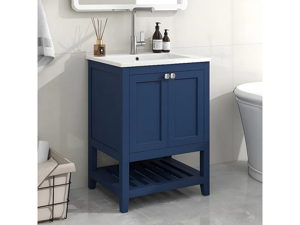 Badkamermeubel met keramische wastafel - 2 deuren en plank onderaan - Blauw (kraan niet inbegrepen)