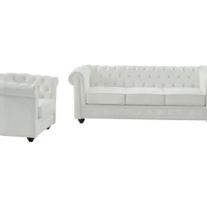 Driezitsbank en fauteuil van buffelleer CHESTERFIELD - Wit