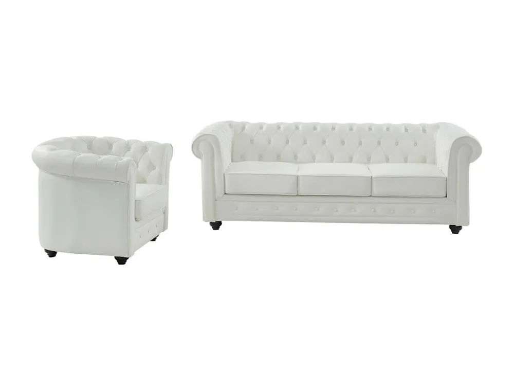 Driezitsbank en fauteuil van buffelleer CHESTERFIELD - Wit