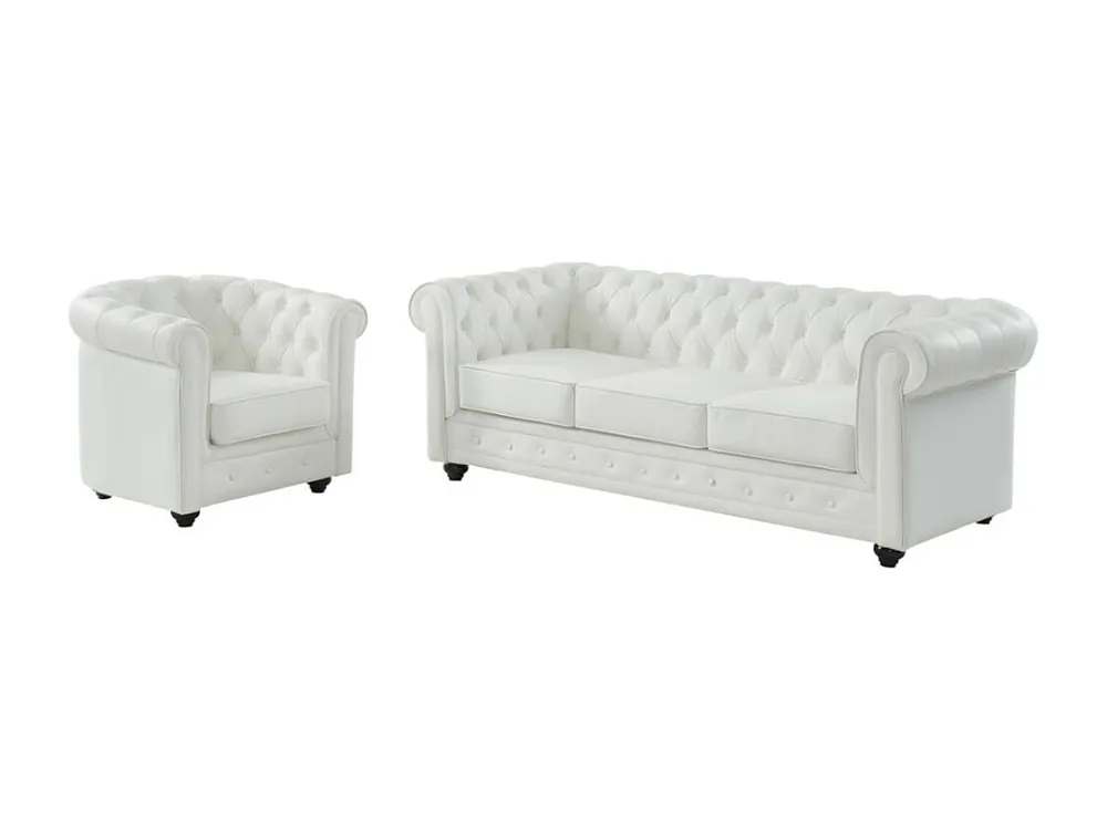 Driezitsbank en fauteuil van buffelleer CHESTERFIELD - Wit