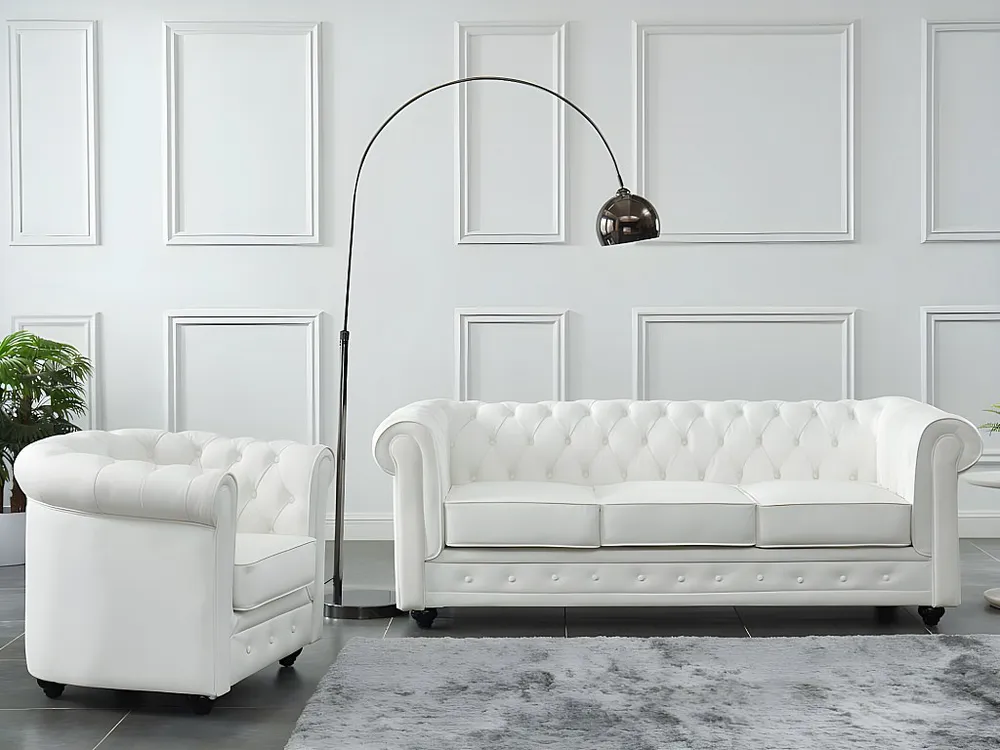 Driezitsbank en fauteuil van buffelleer CHESTERFIELD - Wit