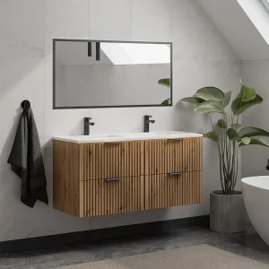 Gestreept hangmeubel voor badkamer met inbouwwastafel, zwak naturel,120 cm, ZEVARA
