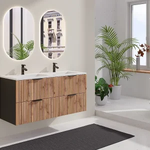 Hangmeubel met groeven met inbouwwastafel, zwak naturel en zwart, 120 cm, MADELA