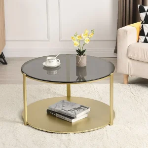 Salontafel met dubbel tafelblad van metaal en glas - Goudkleurig en zwart - DIBIA