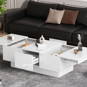 Salontafel met glanzende look - 2 laden + 2 verborgen vakken - Wit