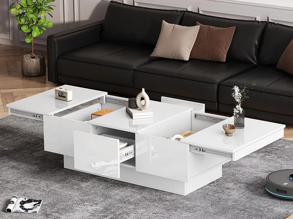 Salontafel met glanzende look - 2 laden + 2 verborgen vakken - Wit