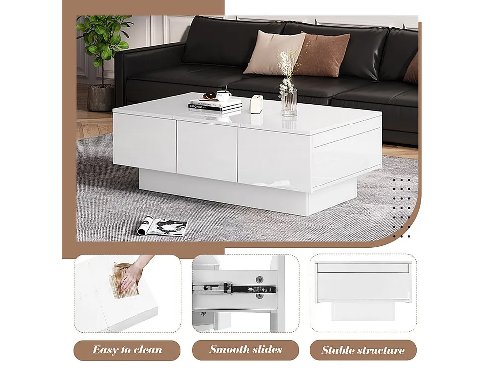 Salontafel met glanzende look - 2 laden + 2 verborgen vakken - Wit