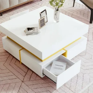 Salontafel met 2 lades - glanzende look en gouden bies - B