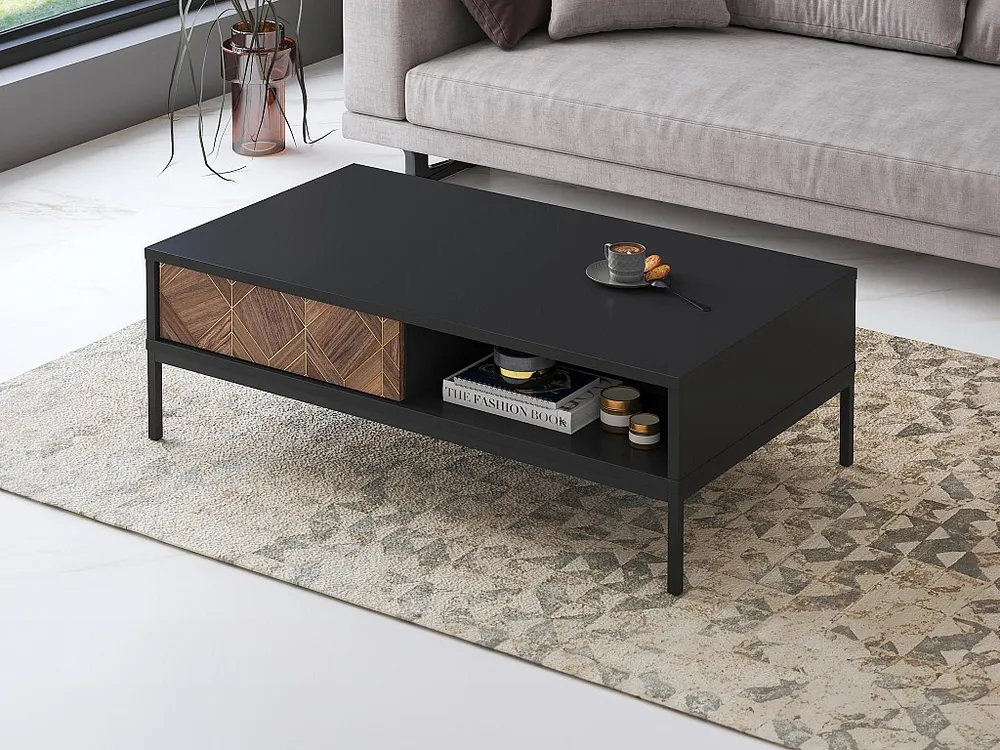 Salontafel met 2 lades en 2 nissen - Zwart en schemerig naturel - MIALINE