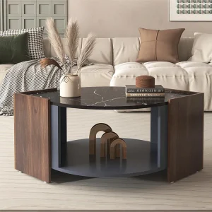 Salontafel met 2 planken, spaanplaat, moderne stijl, zwart en bruin, 96,5L x 63l x 40Hcm