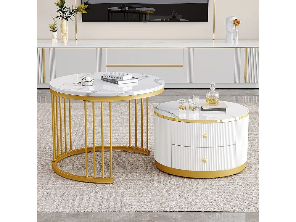 Set van 2 elkaar schuivende salontafels met 2 laden - 60 x 60 x 45,5 cm + 50 x 50 x 32 cm - Glanzende marmerlook - MDF - G...