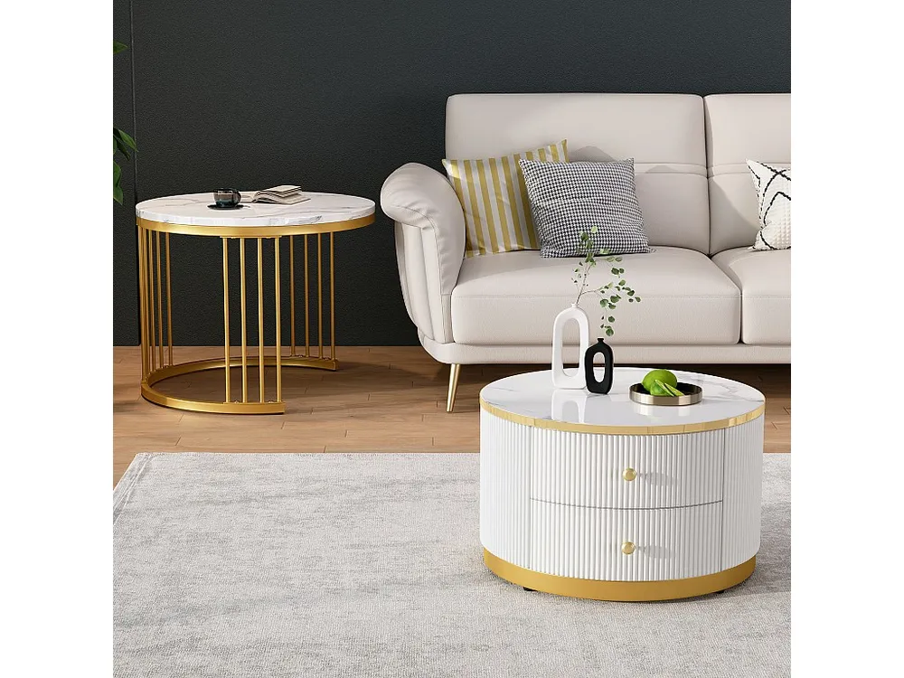 Set van 2 elkaar schuivende salontafels met 2 laden - 60 x 60 x 45,5 cm + 50 x 50 x 32 cm - Glanzende marmerlook - MDF - G...