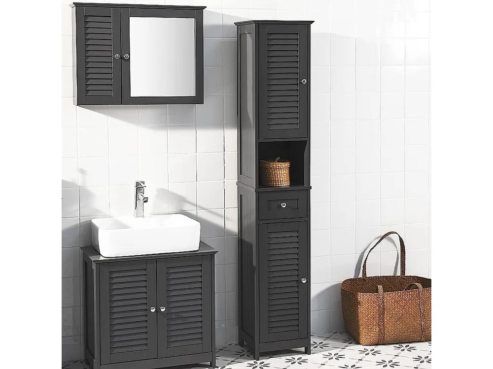 SoBuy FRG236-DG badkamermeubel badkamerkast hoog donkergrijs- kast hout - opbergkast badkamer- Hoge kast voor de badkamer...