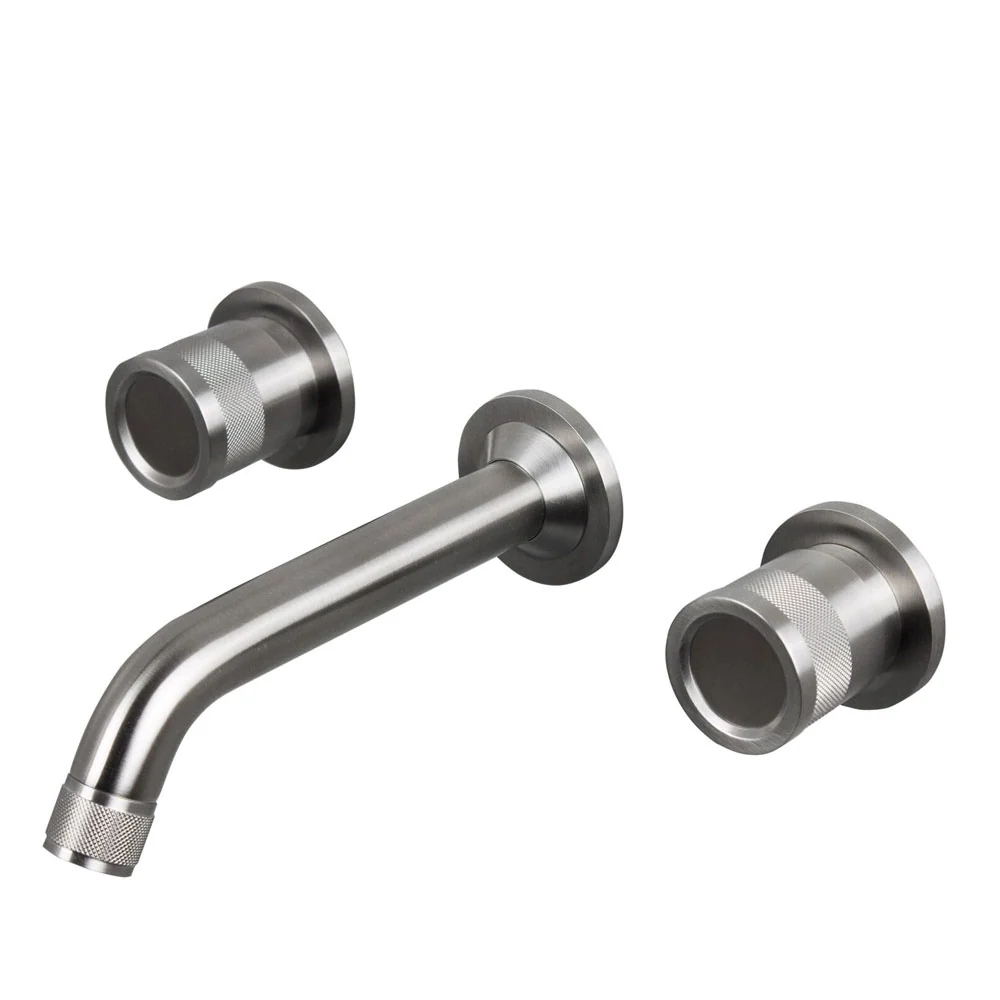 Wall-mounted three-hole washbasin mixer tap 21 cm spout 316L RVS steel Brushed finish without drain and anti-limescale spout