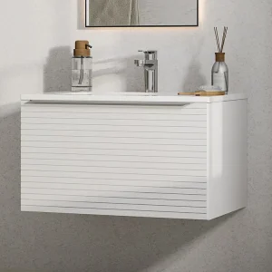 Wit hangmeubel voor badkamer met groeven met enkele inbouwwastafel, 60 cm, LATOMA