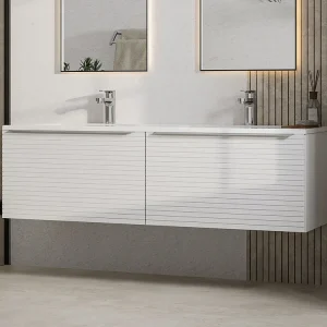 Wit hangmeubel voor badkamer met groeven, dubbele inbouwwastafel, 120 cm, LATOMA