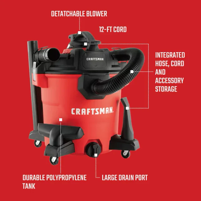 CRAFTSMAN Verwijderbaar Blower 12-Gallons 6 HP Corded Wet/Dry Shop Vacuum Accessories Included