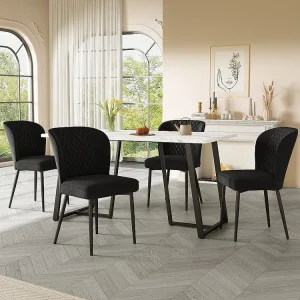Eettafel voor 6 personen marmerpatroon - MDF + zwarte metalen poten - wit