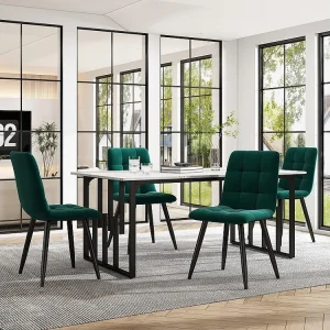 Eettafel voor 6 personen marmerpatroon - MDF + zwarte metalen poten - wit