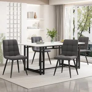 Eettafel voor 6 tot 8 couverts marmerpatroon - MDF + zwarte metalen poten - wit