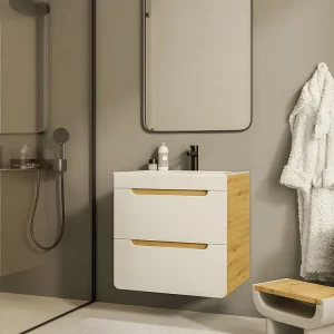 Hangmeubel met inbouwwastafel, naturel en wit, 60 cm, ARUBA