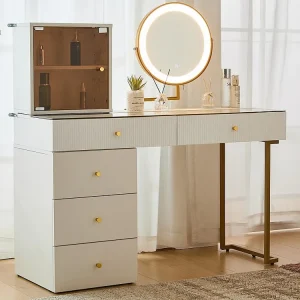 Kaptafel met spiegel en LED - 5 laden en een glazen display - Wit (kruk niet inbegrepen)