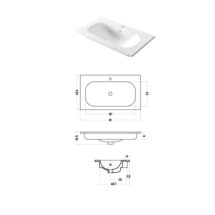 Rectangular built- sink glossy wit ceramic 81x46cm Soft Design-Ceramics series